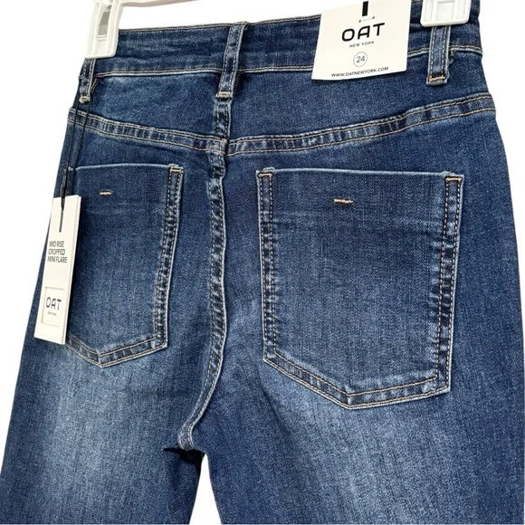 Oat Mid Rise Mini Cropped Flare Blue Jeans Raw Hem NWT Women's Size 24 or 00 - Picture 11 of 12